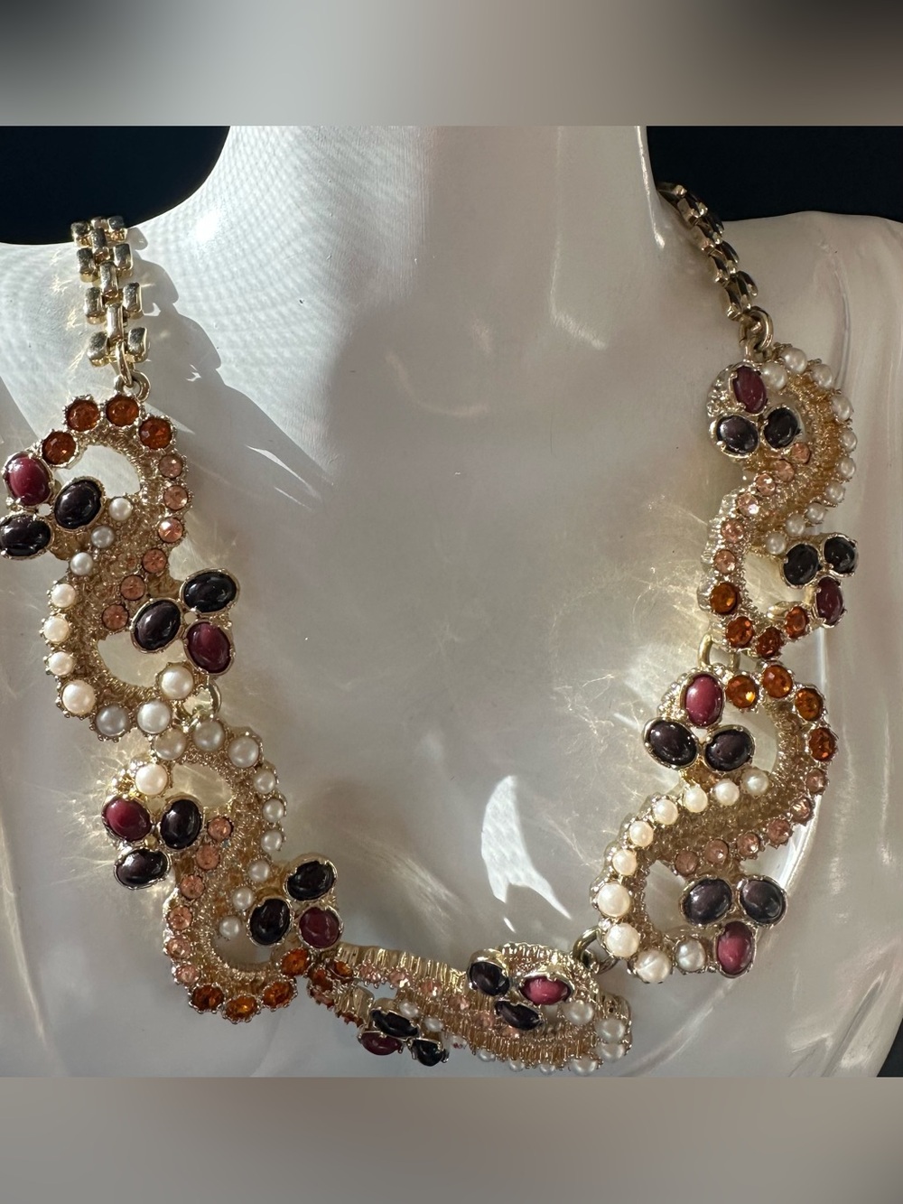 Gold-tone Multi-Gemstone Statement Necklace - Gold, Pearl, Garnet, Amber Accents